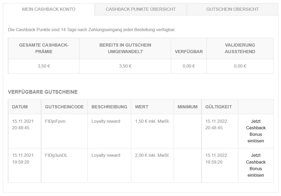 Cashback Punkte Übersicht im Kundenkonto